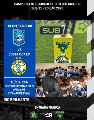 Imagem de compartilhamento para o artigo Costa Rica enfrenta Ceart/Funcerb pelas oitavas de final do Estadual Sub-11 neste sábado da MS Todo dia